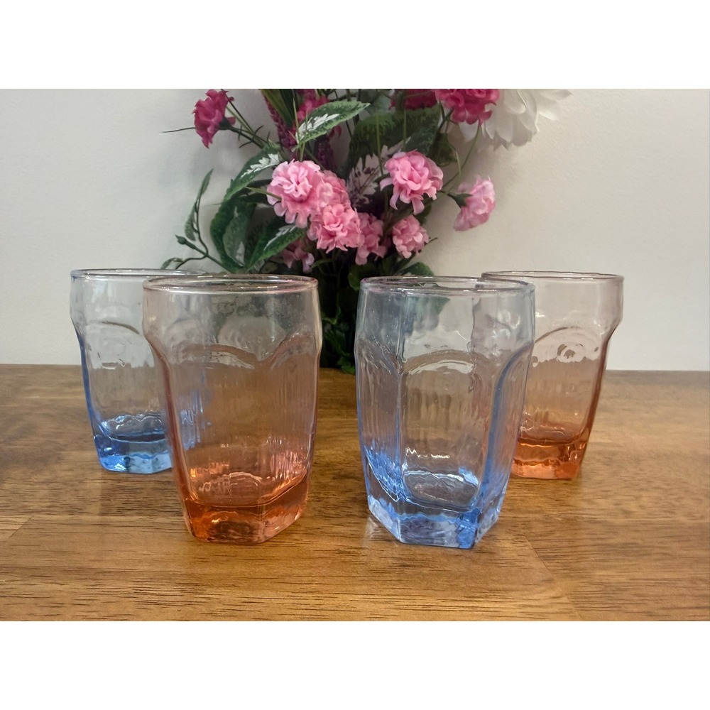 Vintage Libbey Chivalry Pink & Blue Lowball Glasses Set of 4 Mid Century Barware